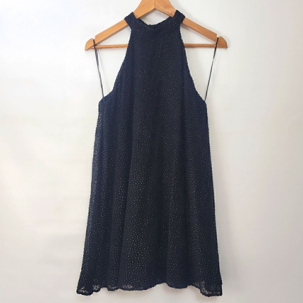 Zara Trafaluc Dobby Black and Gold Dots Halter Keyhole Back Dress - Picture 3 of 15
